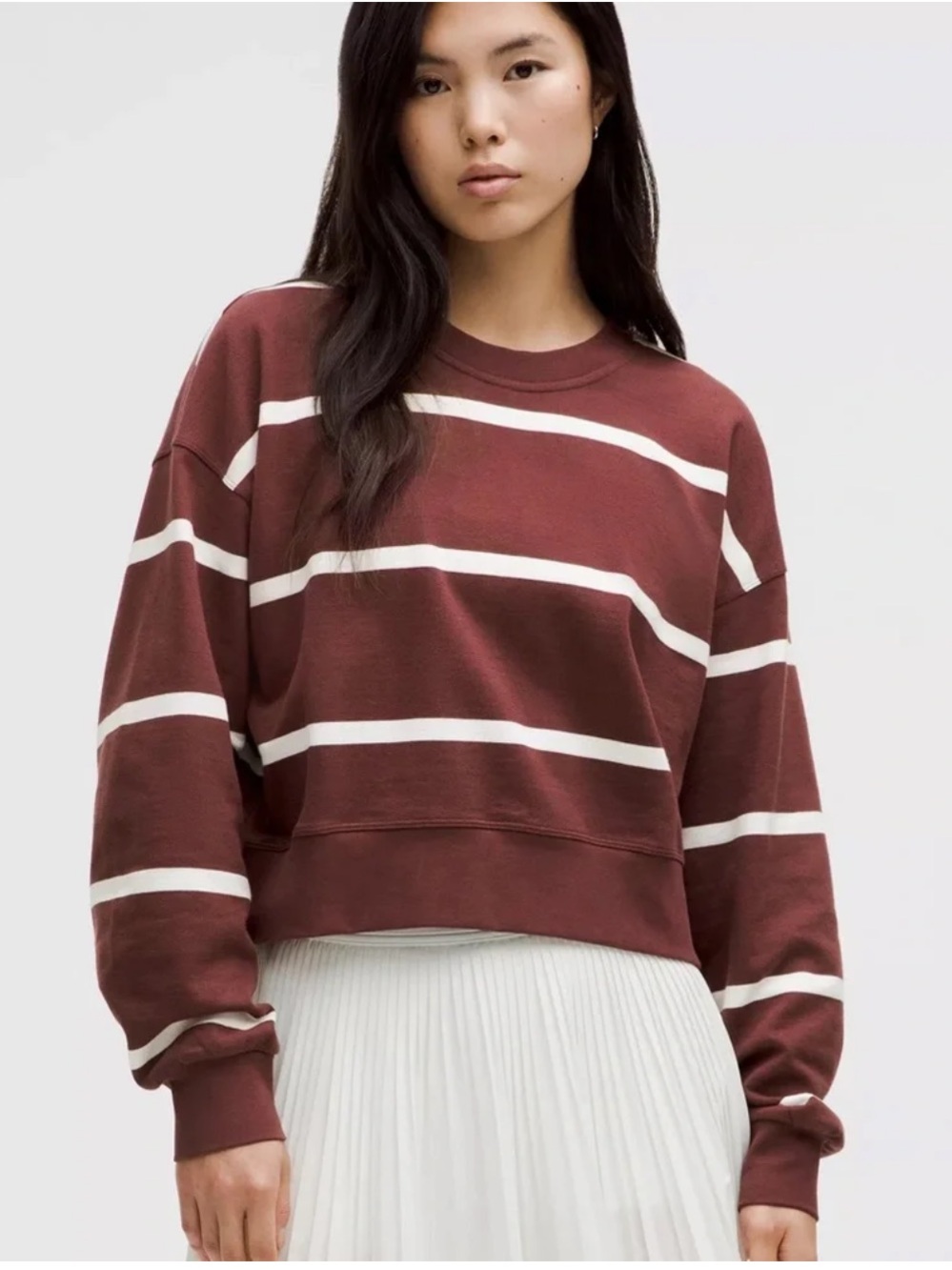 Lululemon Perfectly Oversized Cropped Crew Maroon White Striped Sweatshirt